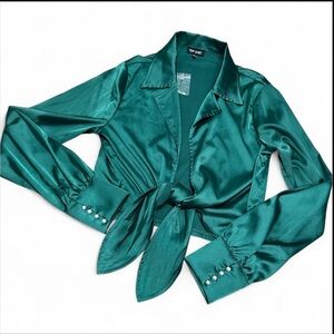 Top Chic Hunter Green Satin-Like Tie-Front Blouse Size Large New